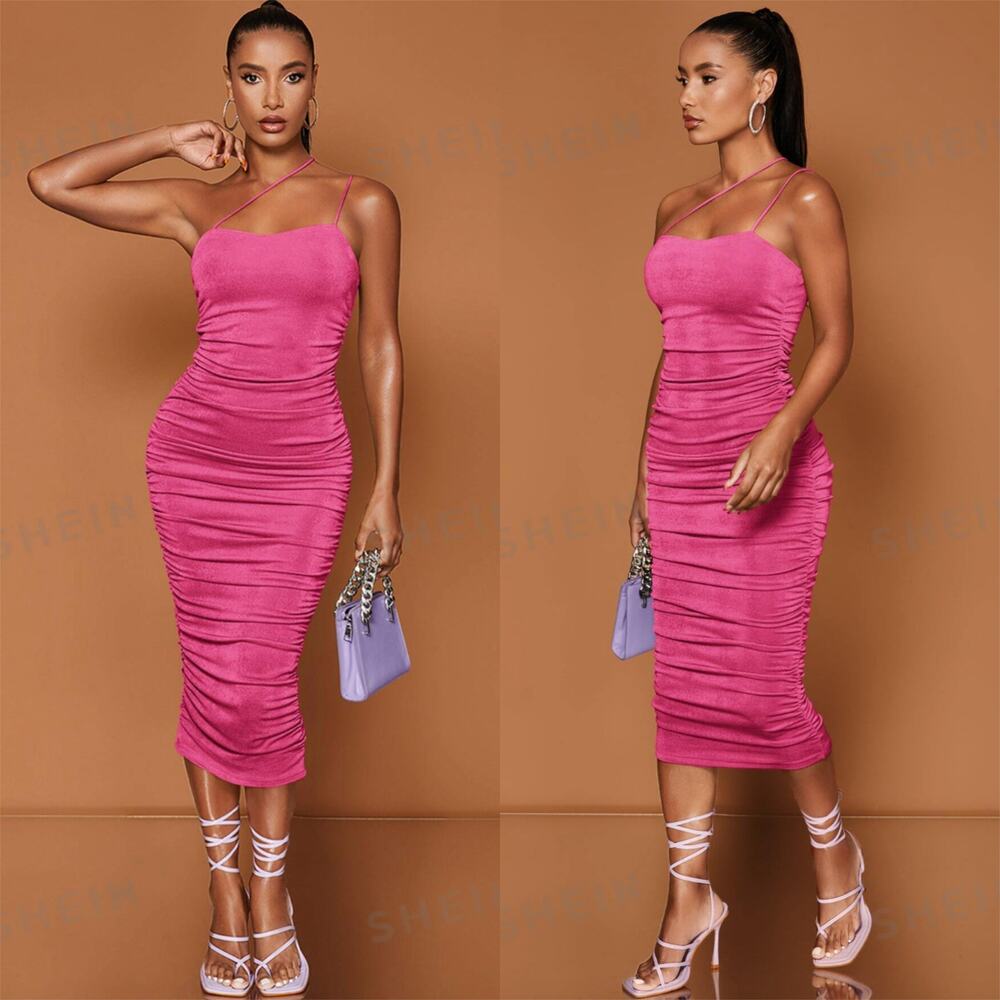 SheIn Womens Bae Pink Barbiecore Ruched Bodycon Midi Sleeveless Dress Size Large